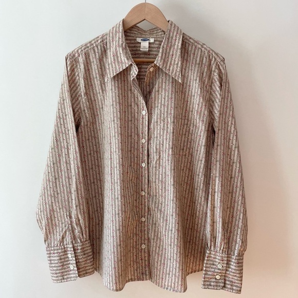 Vintage Old Navy Tan & Pink Floral Cotton Button Down Collared Shirt Size XXL - Picture 2 of 13